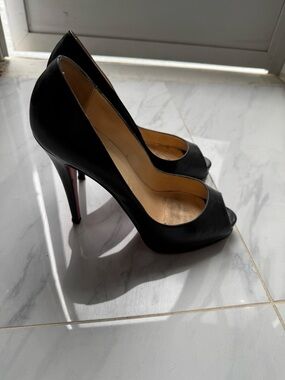 Christian Louboutin Black Peep-Toe Stiletto Pumps with Signature Red Sole